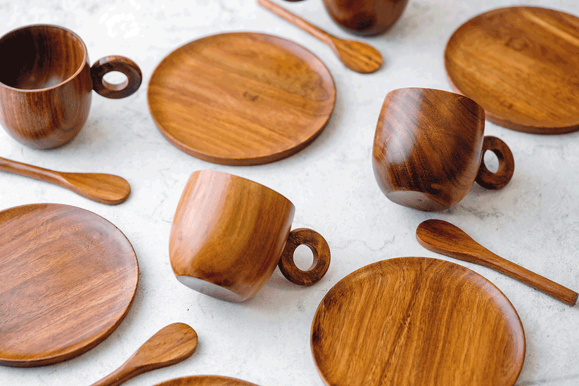 Buy Cups & Mugs - Shikora Sheesham Wooden Cup Saucer And Spoon Set For Kitchenware & Gifting by Araana Home on IKIRU online store