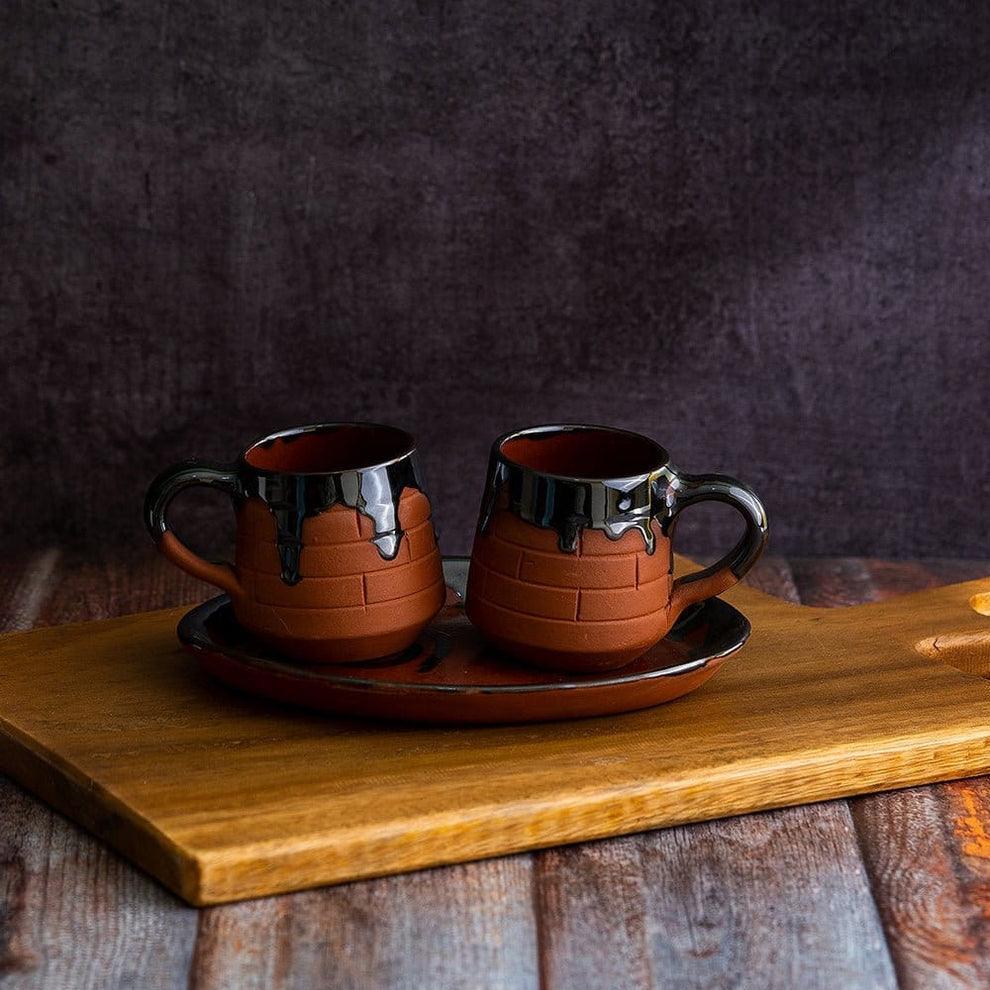 Buy Cups & Mugs - Stylish Cup Set Of 2 With Round Tray Terracotta | Eco-friendly Drinkware by Sowpeace on IKIRU online store