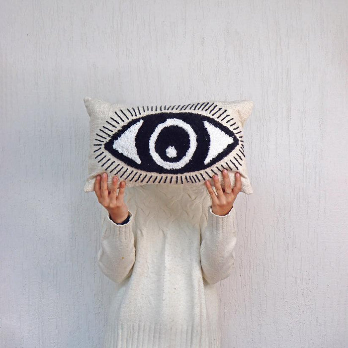 Buy Cushion cover - Off White Cotton Evil Eye Lumbar Rectangular Cushion Cover For Living Room & Bedroom by Muun Home on IKIRU online store