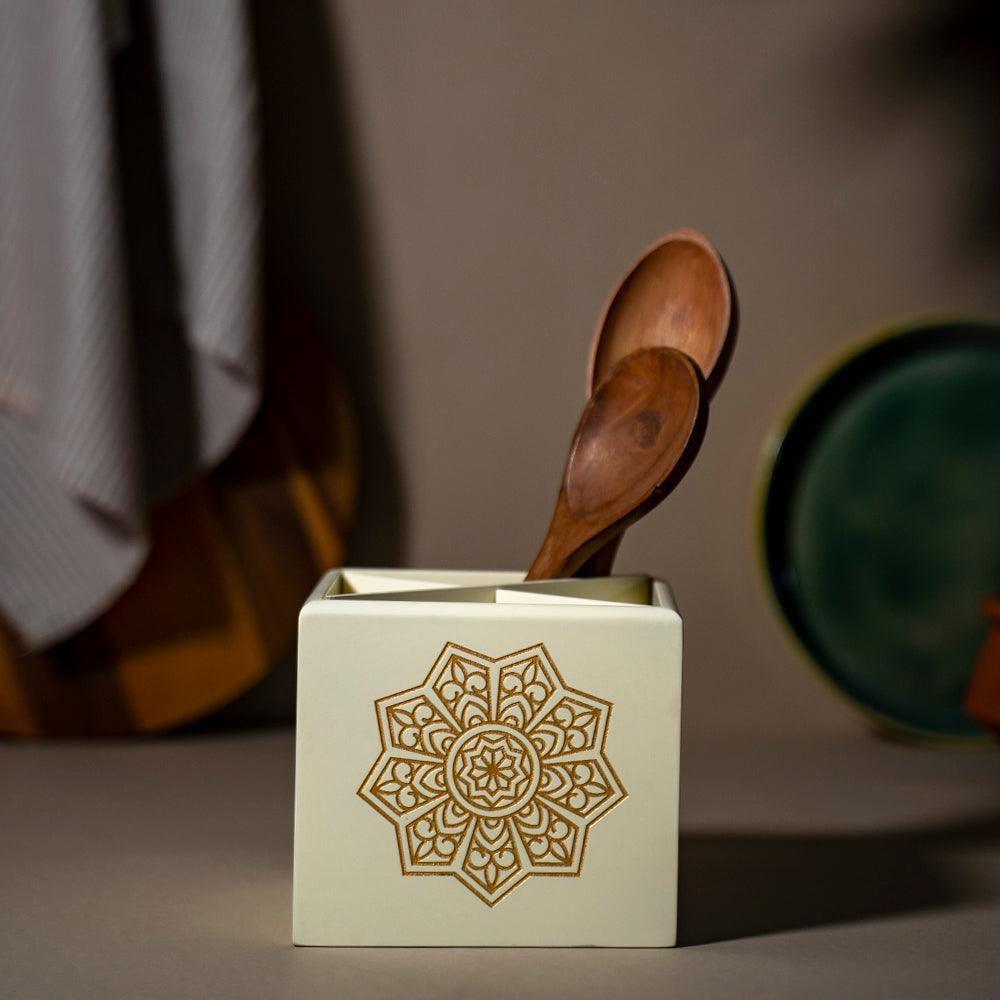 Buy Cutlery stand - Ivory White Spoon Stand | Wooden Cutlery Holder For Kitchen & Table by bambaiSe on IKIRU online store
