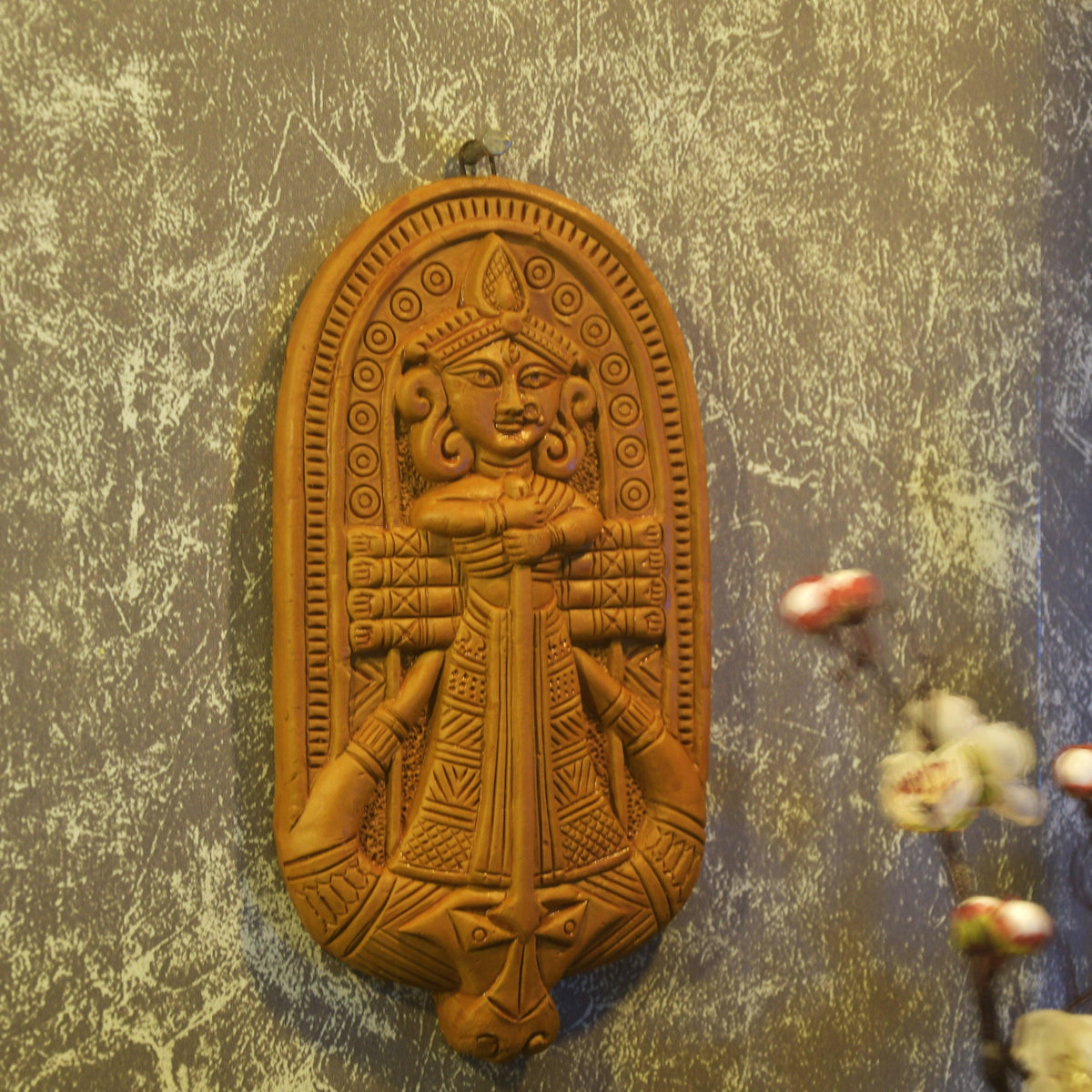 Terracotta Handmade Durga Wall Art - Wall Of Devi For Decor