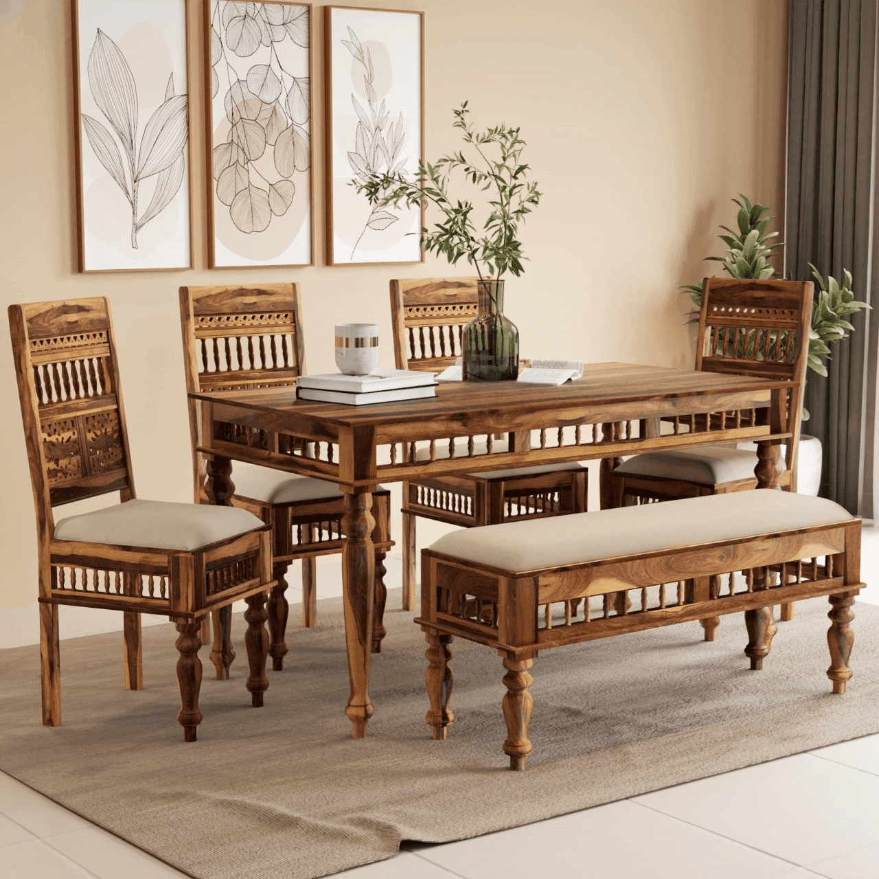 Rinika 6-Seater Dining Set with Bench | Modern Wooden Table