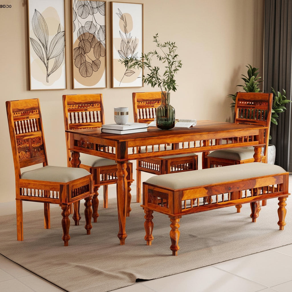 Buy Dining Furniture Set - Rinika Six Seater Dining Set with Bench by Wooden Mood on IKIRU online store