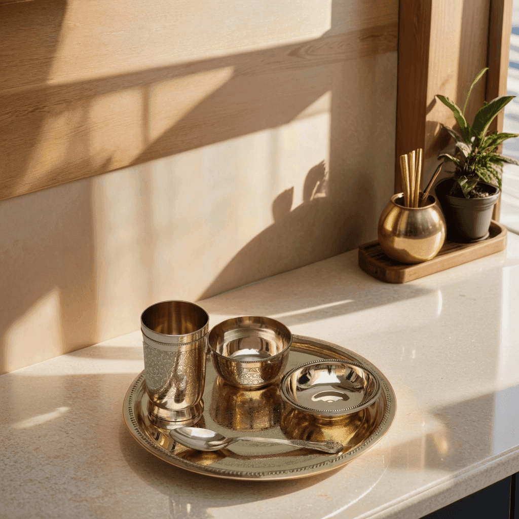 Buy Dinner Plates - Brass Golden Plate Set Of 5 | Round Festival Gifting Thali With Katori & Glass by Indian Bartan on IKIRU online store