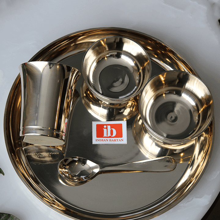 Buy Dinner Plates - Kansa Bronze Plate Set Of 5 | Festival Gifting Thali With Katori & Glass by Indian Bartan on IKIRU online store