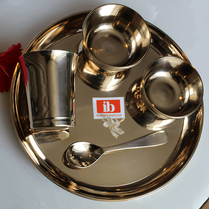 Buy Dinner Plates - Kansa Bronze Plate Set Of 5 | Festival Gifting Thali With Katori & Glass by Indian Bartan on IKIRU online store