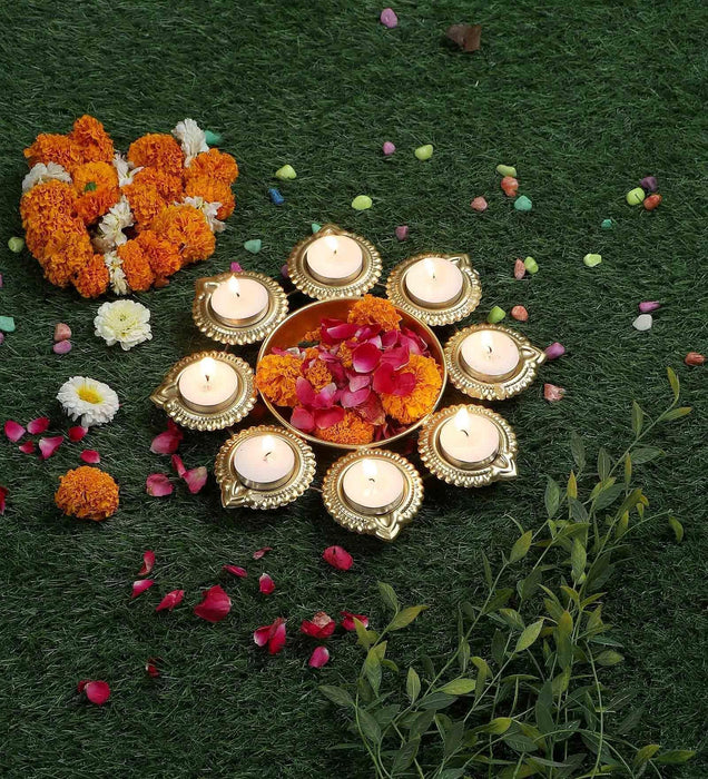 Buy Diya & Diya Stand - Decorative Gold Finish Diya Urli & Tealight Holder For Pooja Room & Decor by Amaya Decors on IKIRU online store