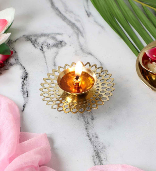 Buy Diya & Diya Stand - Golden Brass Etching Diya | Round Tealight Holder For Home by Amaya Decors on IKIRU online store