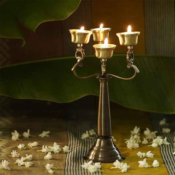 Buy Diya & Diya Stand - Madurai Luxurious T Light Stand | Antique Diya Holder Of 4 For Festival & Home Decor by Courtyard on IKIRU online store