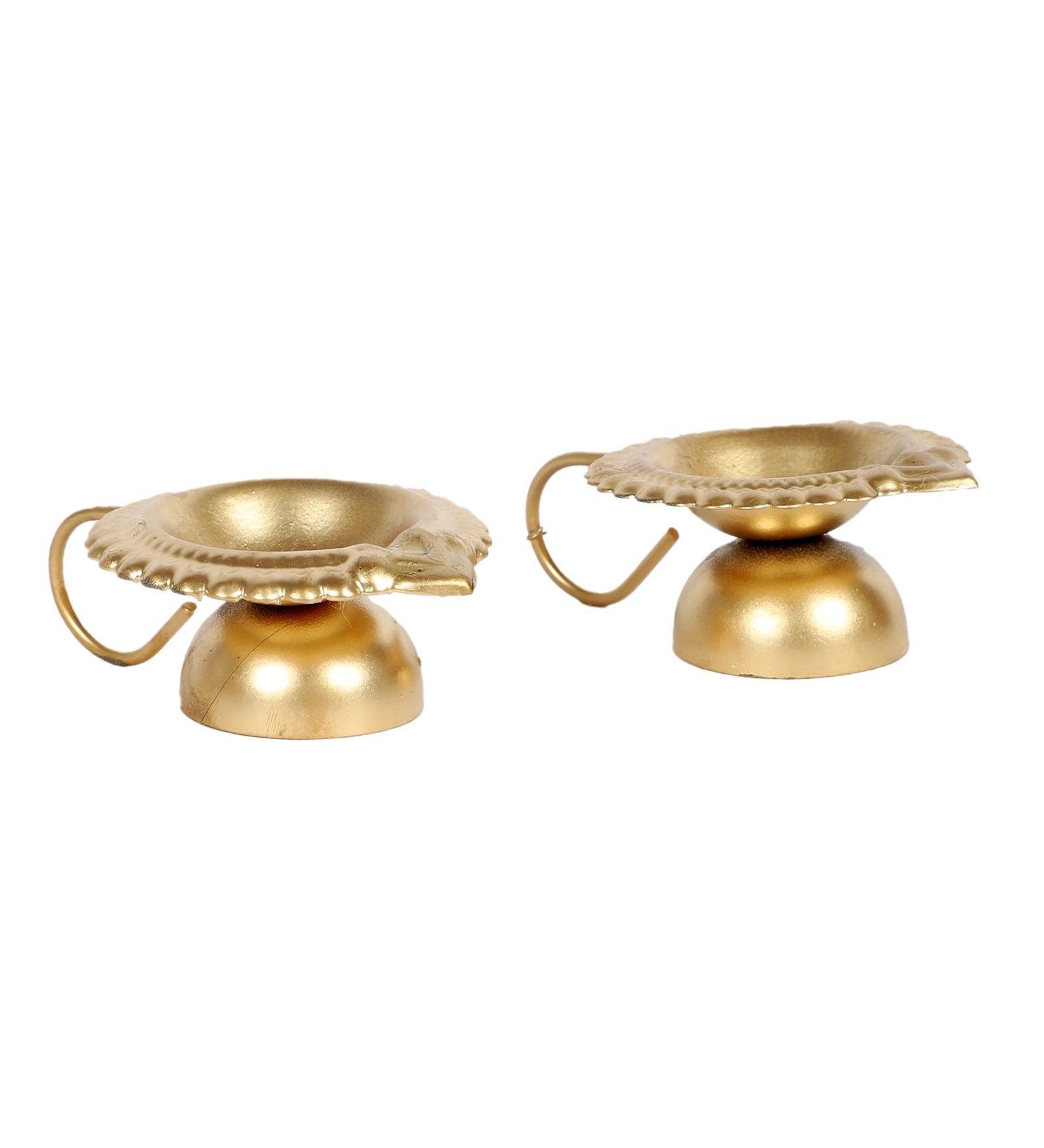 Buy Diya & Diya Stand - Metallic Hath Diya With Handle For Pooja Set Of 2 | Golden Tealight Holder by Amaya Decors on IKIRU online store
