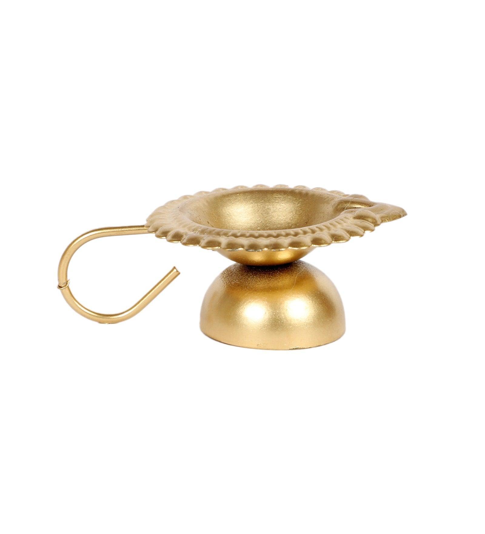 Buy Diya & Diya Stand - Metallic Hath Diya With Handle For Pooja Set Of 2 | Golden Tealight Holder by Amaya Decors on IKIRU online store