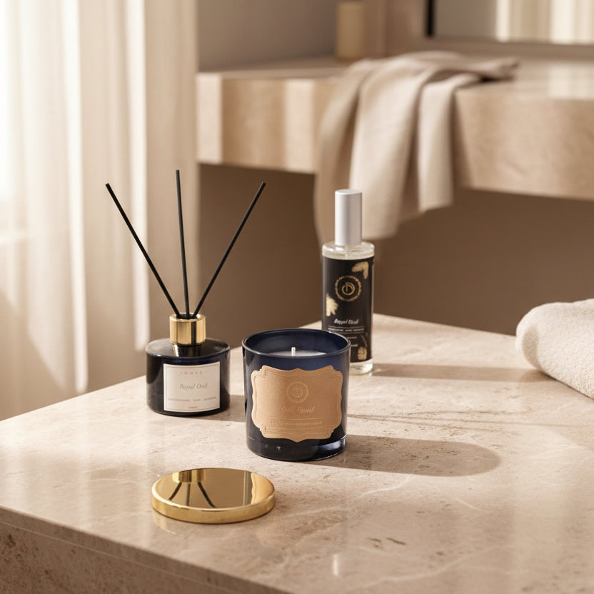 Buy Dried Flowers & Fragrance - Royal Oud Black Scented Candle With Glass Diffuser & Room Spray | Fragrant Oasis Gift Set by Doft Candles on IKIRU online store