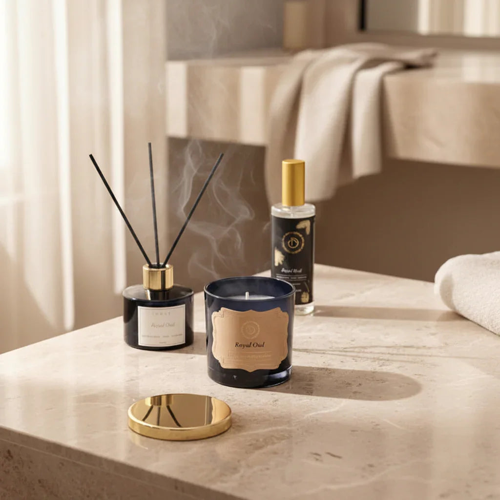 Royal Oud Black Scented Candle With Glass Diffuser & Room Spray | Fragrant Oasis Gift Set