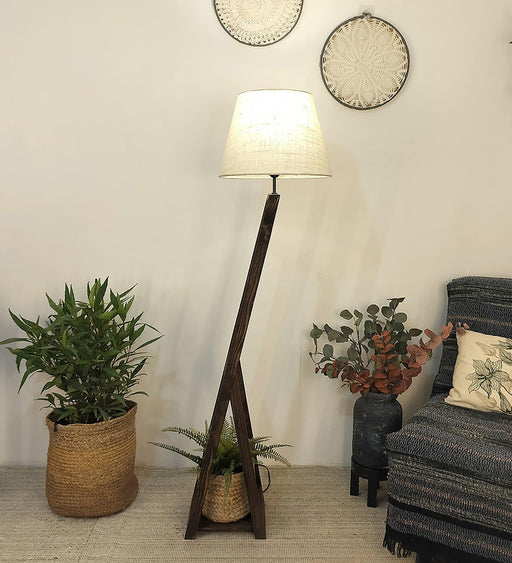 Buy Floor Lamp - Bezalel Wooden Floor Lamp with Beige Fabric Lampshade by Symplify on IKIRU online store