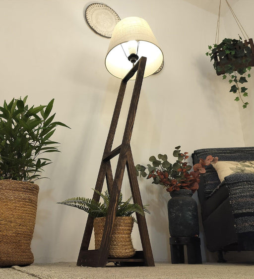 Buy Floor Lamp - Bezalel Wooden Floor Lamp with Beige Fabric Lampshade by Symplify on IKIRU online store