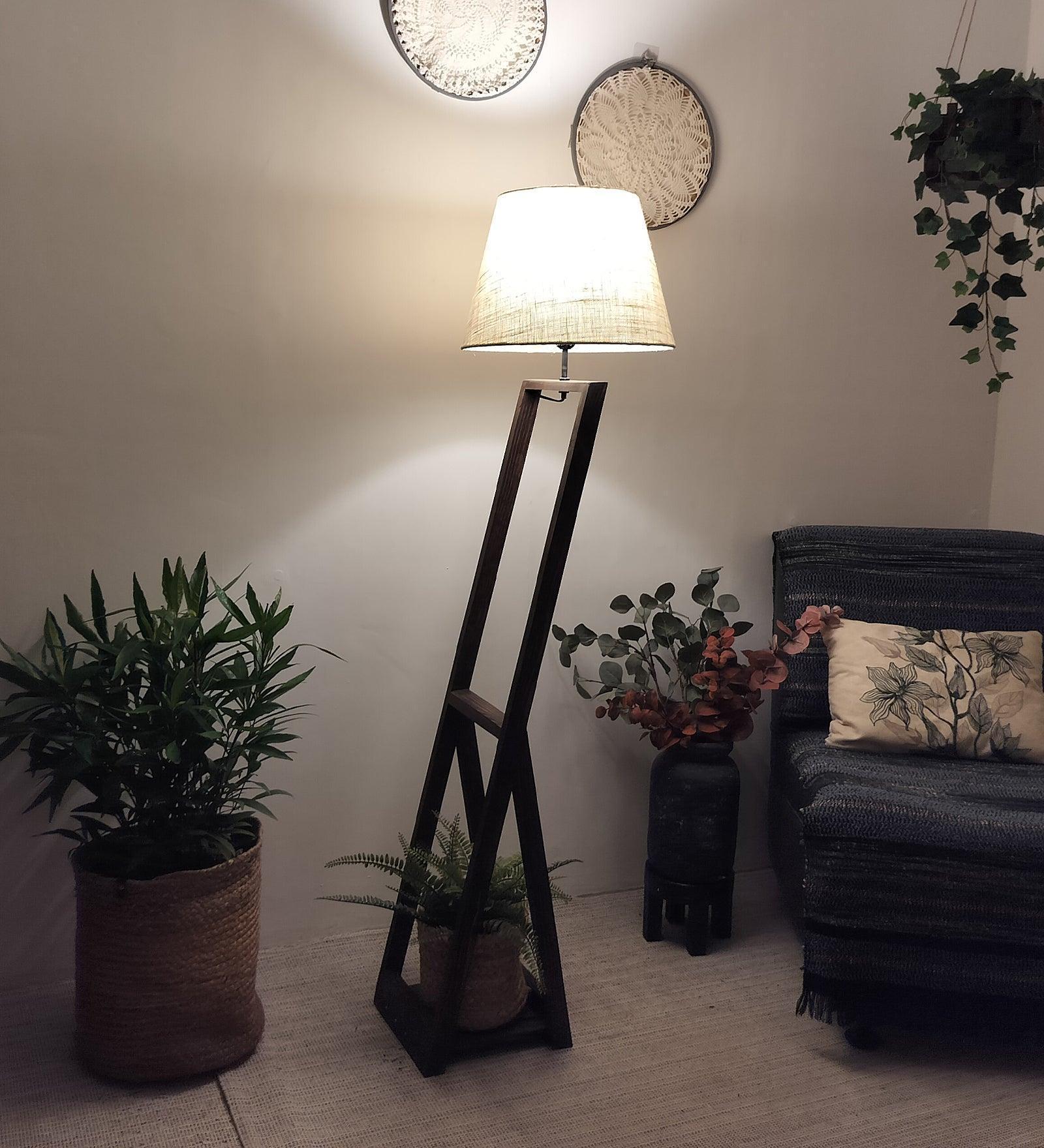 Buy Floor Lamp - Bezalel Wooden Floor Lamp with Beige Fabric Lampshade by Symplify on IKIRU online store