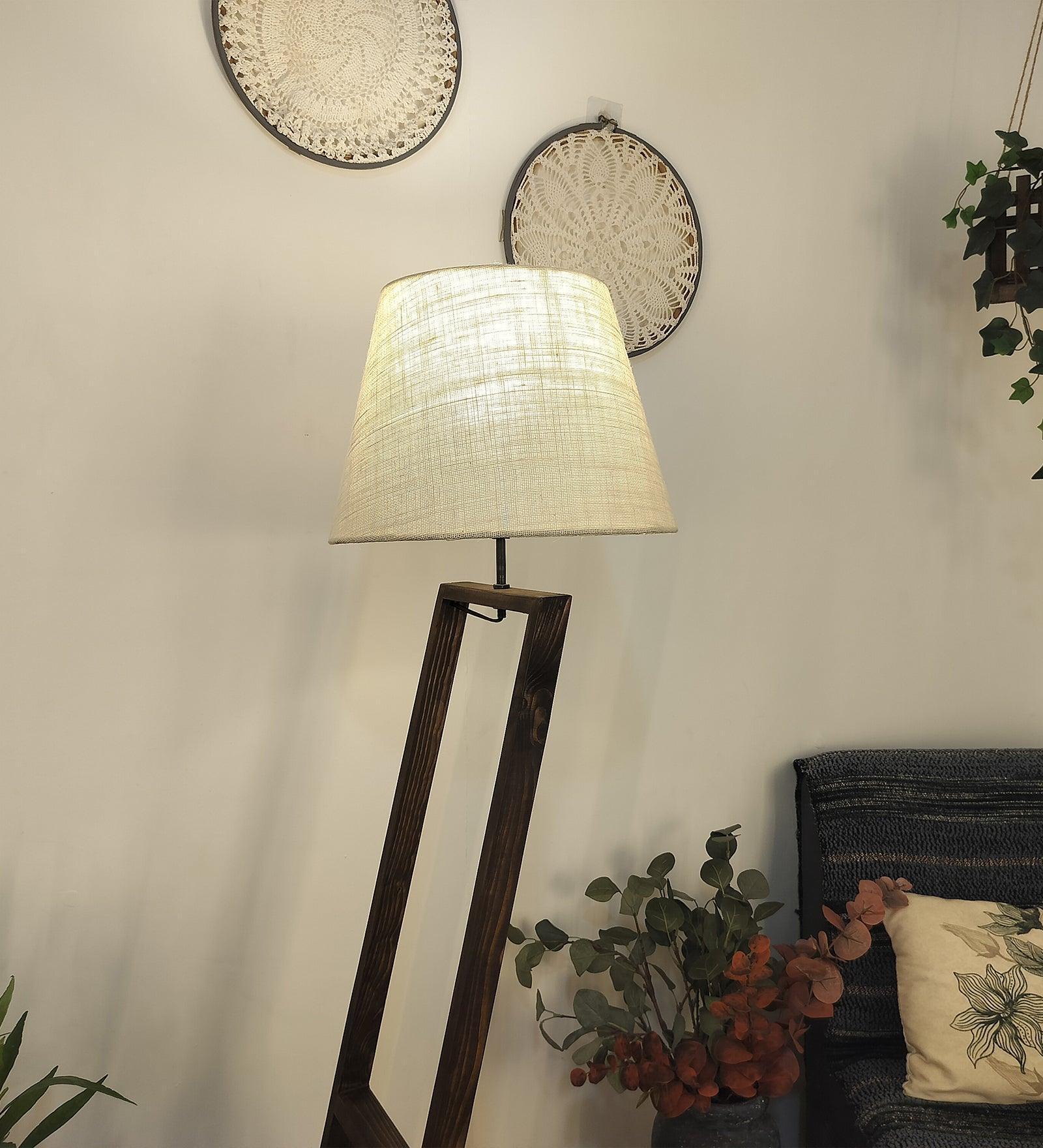 Buy Floor Lamp - Bezalel Wooden Floor Lamp with Beige Fabric Lampshade by Symplify on IKIRU online store