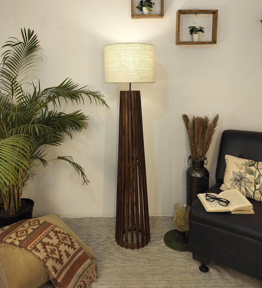 Buy Floor Lamp - Boho Wooden Floor Lamp with Beige Fabric Lampshade by Symplify on IKIRU online store