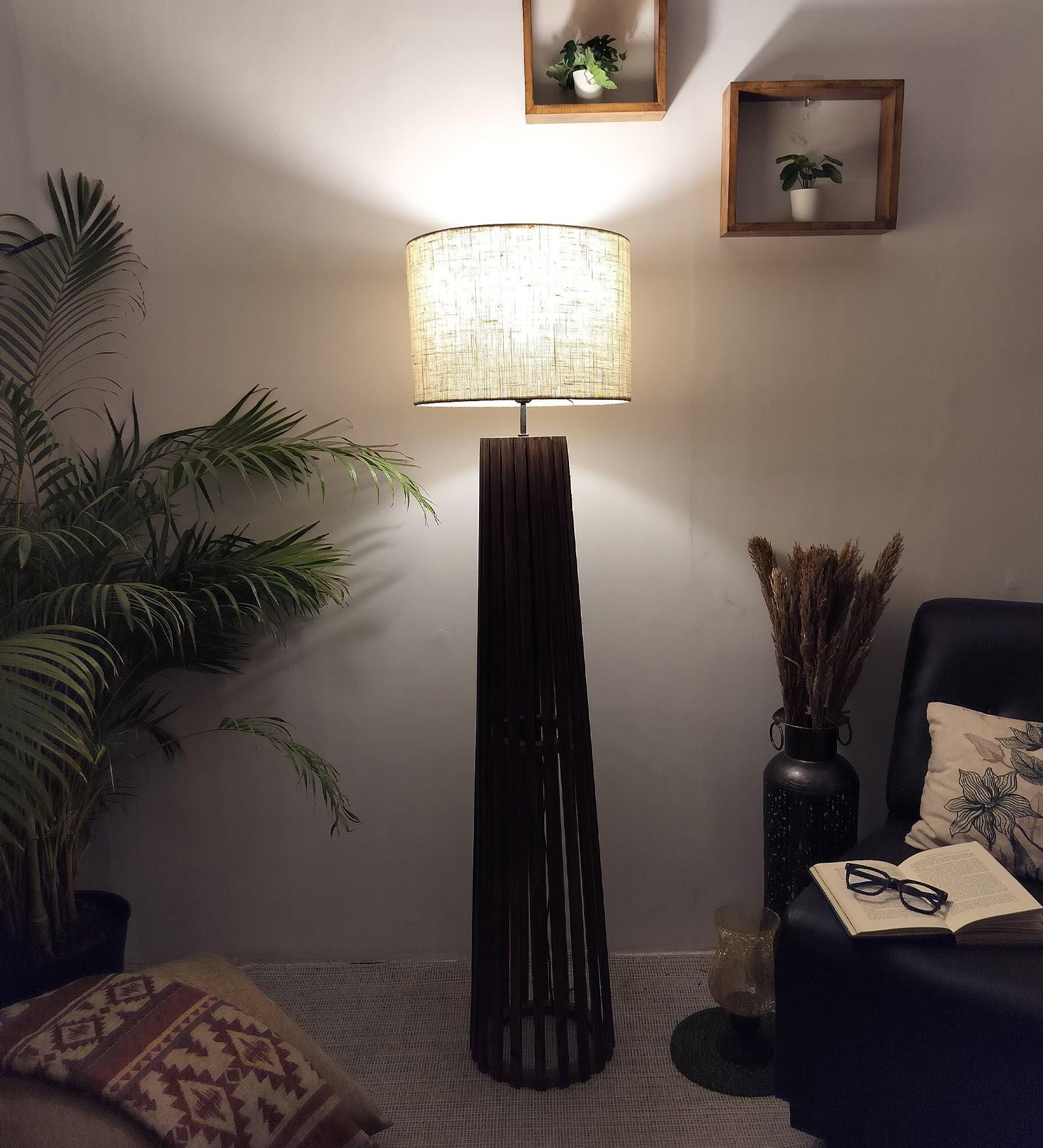 Buy Floor Lamp - Boho Wooden Floor Lamp with Beige Fabric Lampshade by Symplify on IKIRU online store