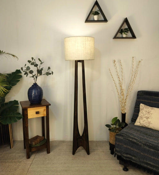 Buy Floor Lamp - Camille Wooden Floor Lamp with Beige Fabric Lampshade by Symplify on IKIRU online store