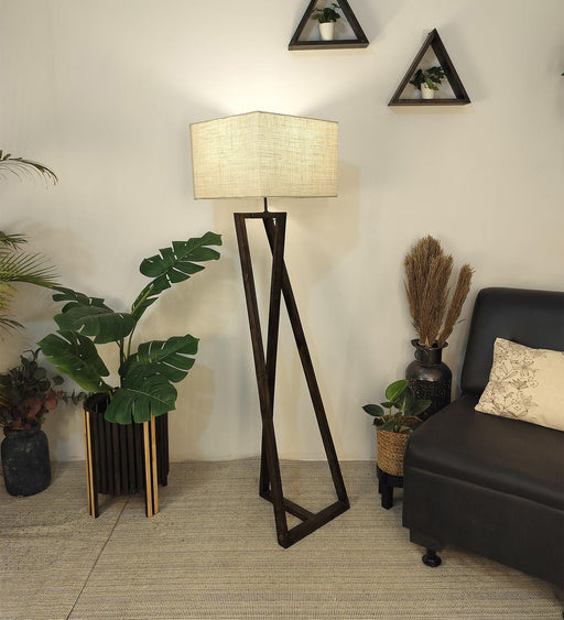 Buy Floor Lamp - Catapult Wooden Floor Lamp with Beige Fabric Lampshade by Symplify on IKIRU online store