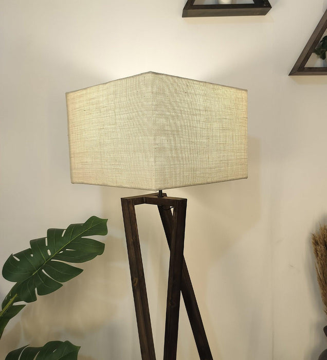 Buy Floor Lamp - Catapult Wooden Floor Lamp with Beige Fabric Lampshade by Symplify on IKIRU online store