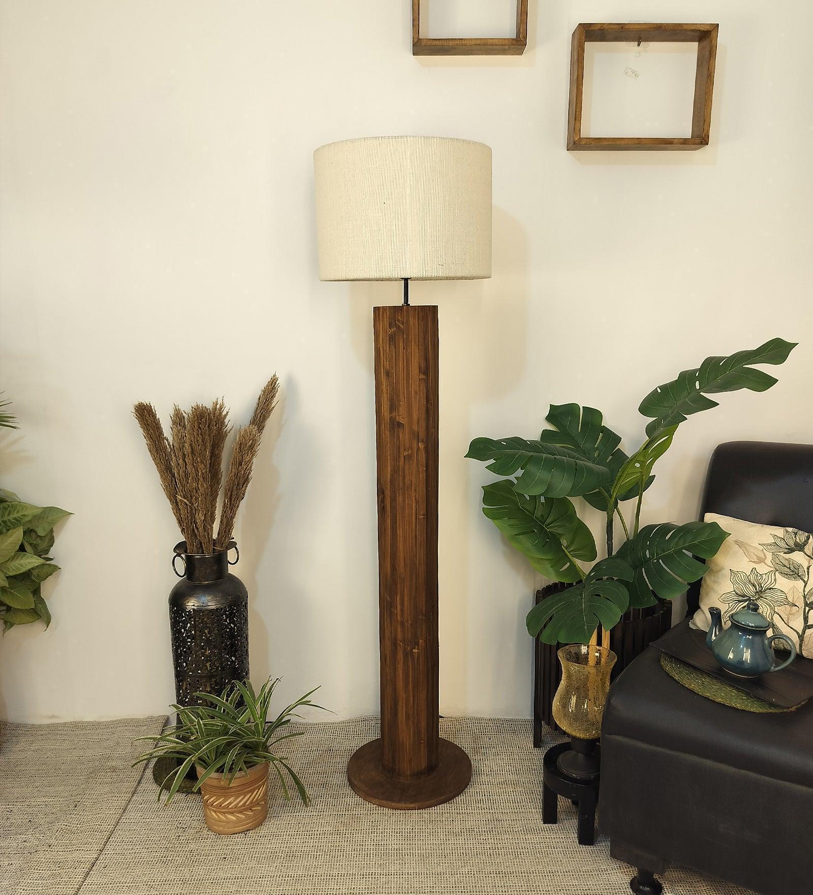 Buy Floor Lamp - Cedar Wooden Floor Lamp with Beige Fabric | Lampshade with Brown Base by Symplify on IKIRU online store