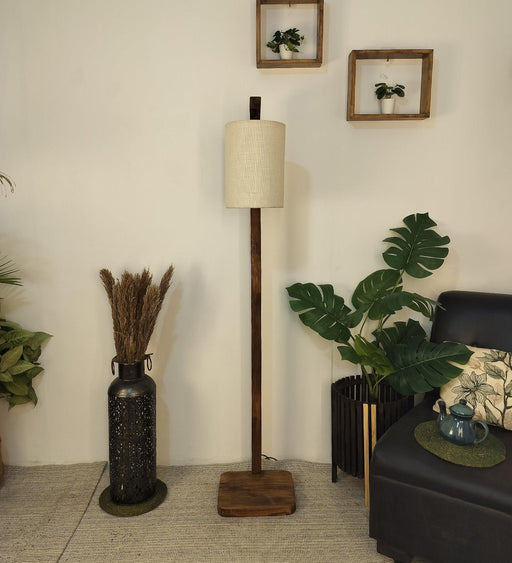 Buy Floor Lamp - Elementary Wooden Floor Lamp with White Fabric Lampshade by Symplify on IKIRU online store