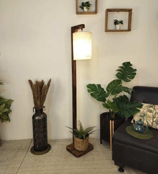 Buy Floor Lamp - Elementary Wooden Floor Lamp with White Fabric Lampshade by Symplify on IKIRU online store