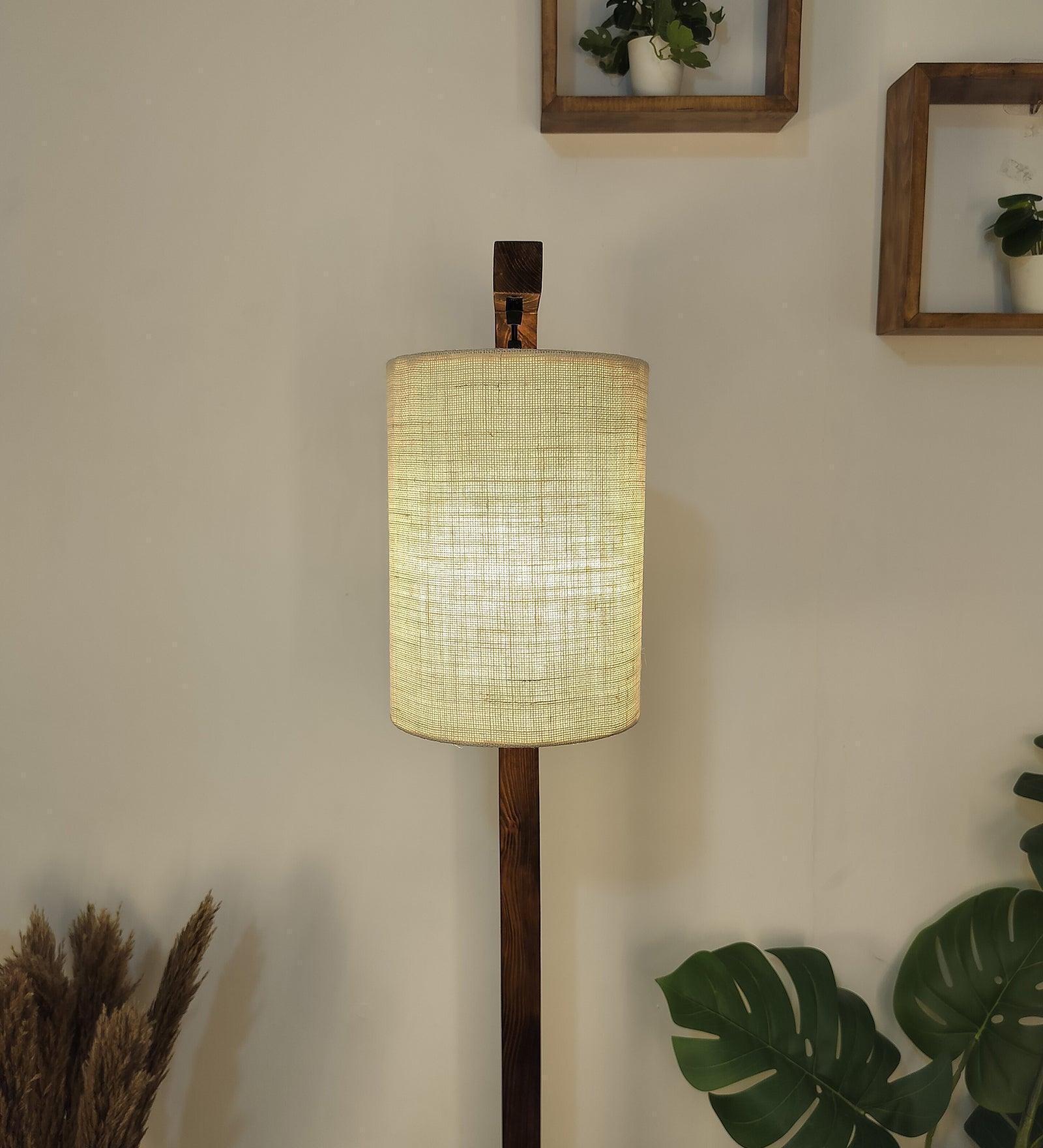 Buy Floor Lamp - Elementary Wooden Floor Lamp with White Fabric Lampshade by Symplify on IKIRU online store