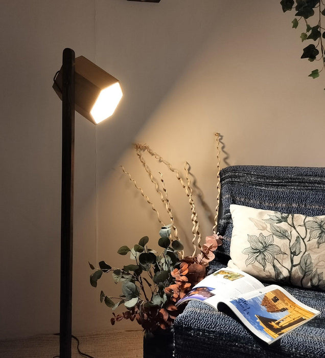 Buy Floor Lamp - HexSpot Wooden Floor Lamp with Beige Wooden Lampshade by Symplify on IKIRU online store