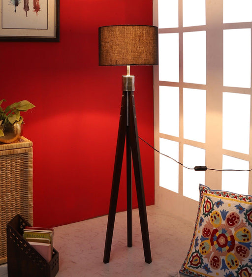 Buy Floor Lamp - Matte Walnut Wood Floor Lamp | Premium Standing Tripod Lampshade by Pristine Interiors on IKIRU online store