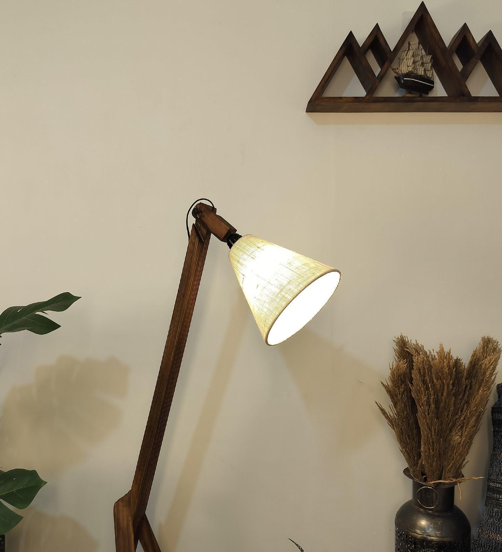 Buy Floor Lamp - Melman Wooden Floor Lamp with Beige Fabric Lampshade by Symplify on IKIRU online store