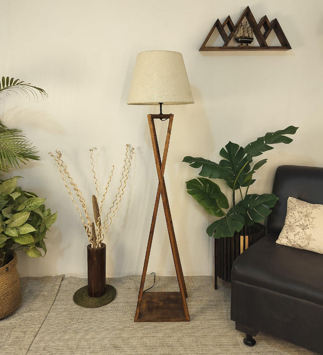 Buy Floor Lamp - Monica Wooden Floor Lamp with Beige Fabric Lampshade by Symplify on IKIRU online store