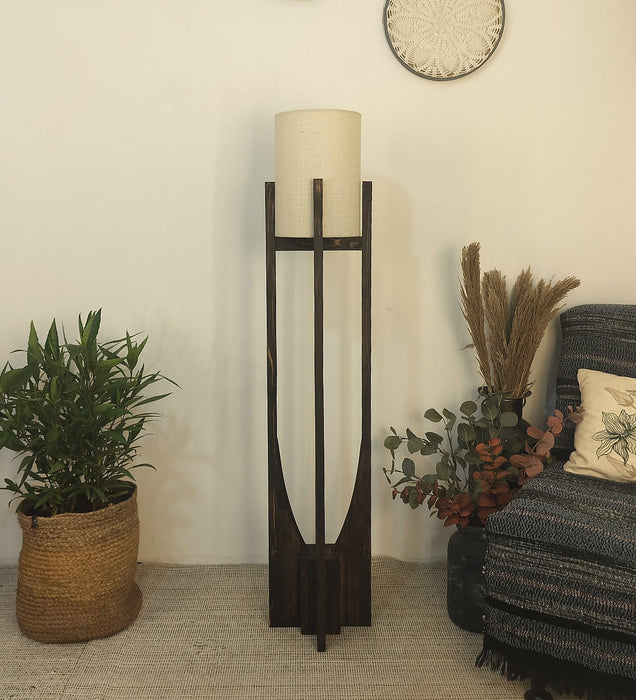 Buy Floor Lamp - Solitaire Wooden Floor Lamp with White Fabric Lampshade by Symplify on IKIRU online store