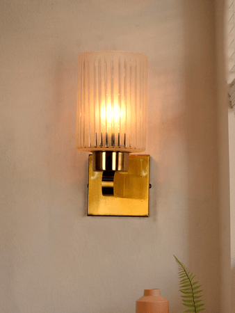 Buy Wall Light - Gold Transitional 10 Inch Hand-Cut Vertical Striped Cylindrical Glass Single-Light Steel Wall Lamp Light by Fos Lighting on IKIRU online store
