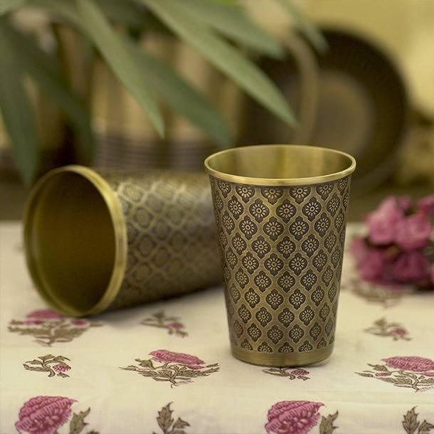 Buy Glasses & jug - Phulkari Brass Serving Glass For Sharbat & Lassi Set of 2 by Courtyard on IKIRU online store