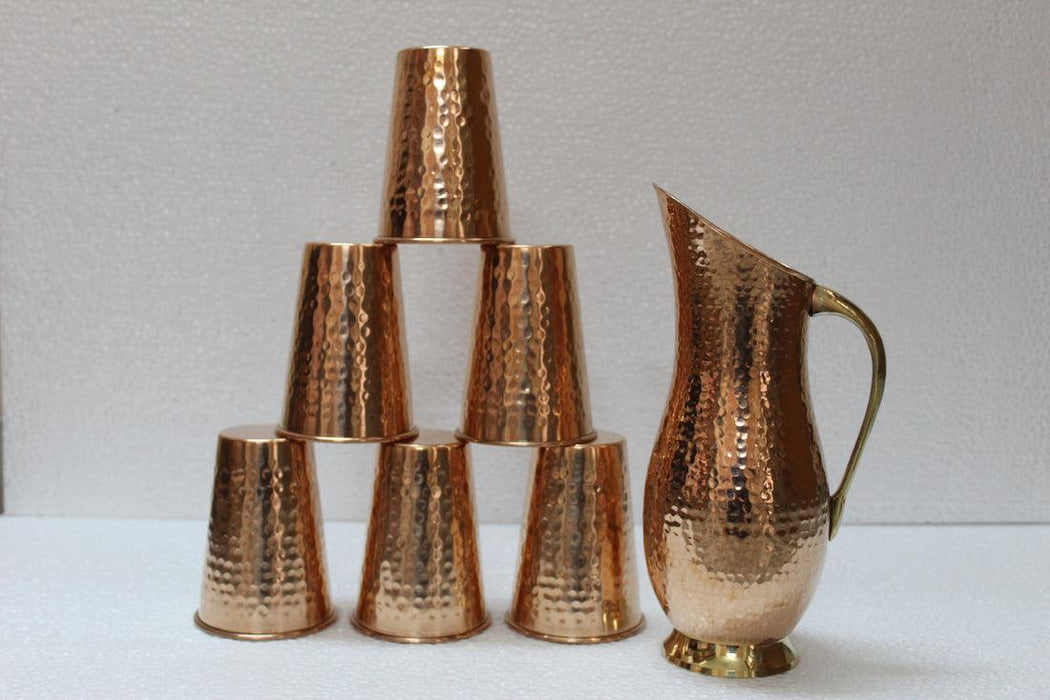Buy Glasses & jug - Pure Copper Hammered Jug With 6 Glasses | Festival Gifting Set by Indian Bartan on IKIRU online store