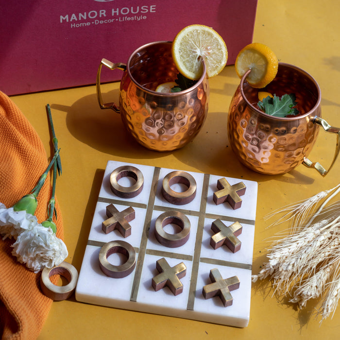 Buy Glasses & jug - White Marble Tic Tac Toe Game and Copper Mugs Drink Set For Gift & Home by Manor House on IKIRU online store