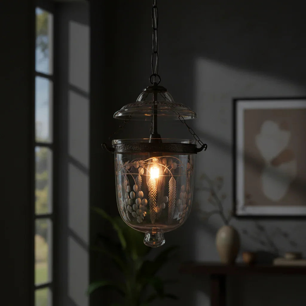 Traditional Floral Etched Metal Single Ceiling Pendant Hanging Light Lamp For Home Decor