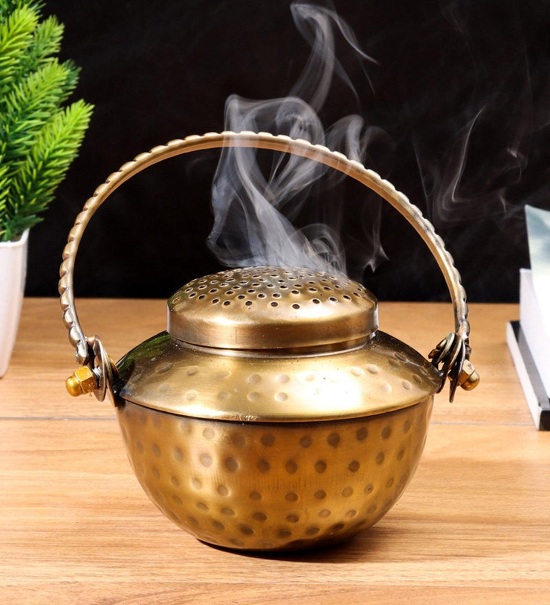 Golden Pot Shape Brass Lobaan Dhoop Daan For Puja Essentials