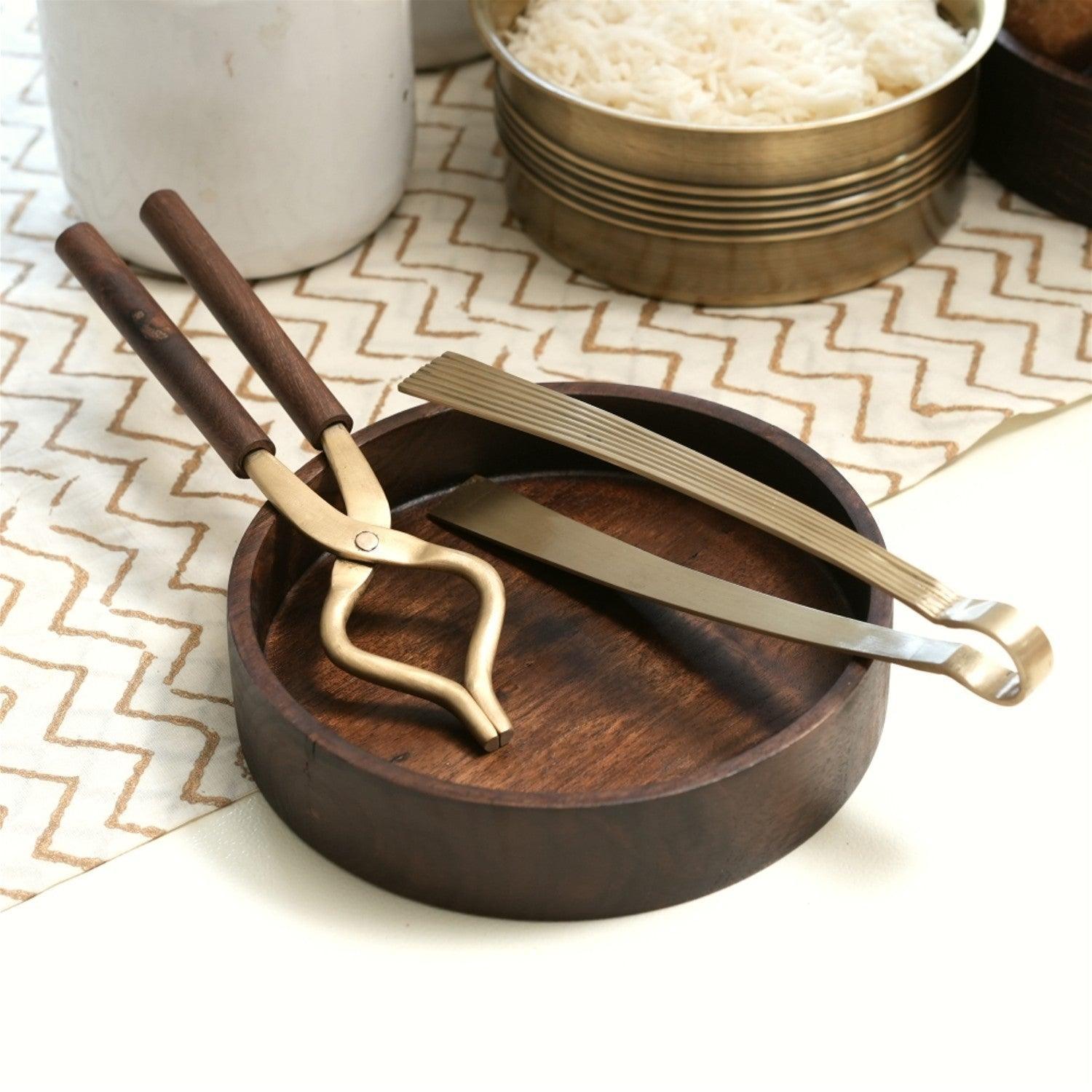 Buy Kitchen Utilities - Barmer Brass Finish Chimta & Pakkad Sansi | Golden Tong Set Of 2 For Kitchen by Courtyard on IKIRU online store