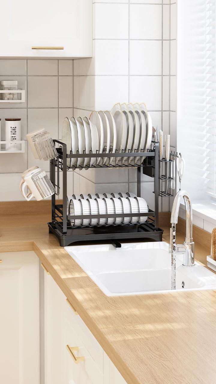 Carbon Steel Double Layer Dish Rack Stand Utensils Holder Storage