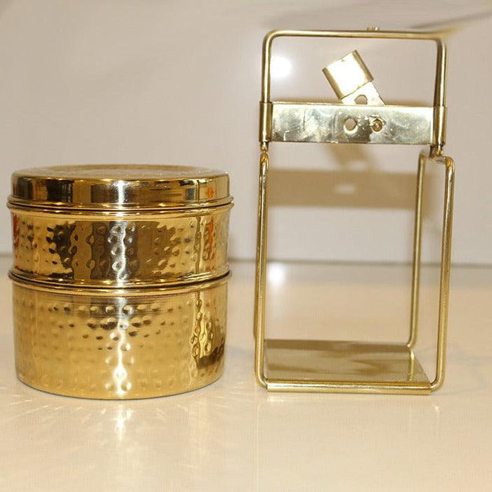 Buy Kitchen Utilities - Golden Pure Brass Tiffin Box With Hammered Design For Office School & Travelling by Indian Bartan on IKIRU online store