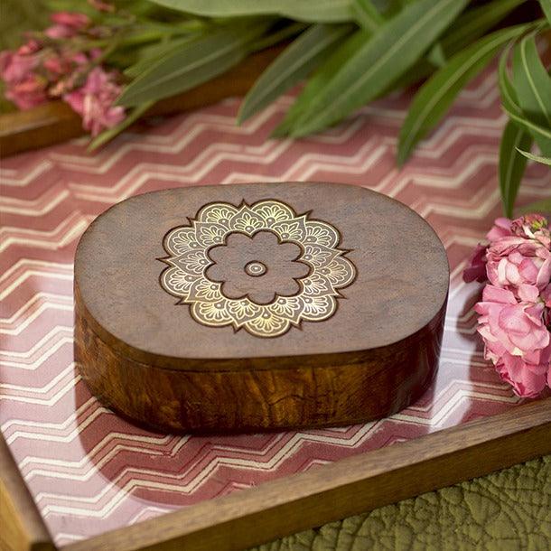 Buy Kitchen Utilities - Wooden Mandala Oval Tea Caddy | Brass Finish Multipurpose Box For Kitchen & Dining Table by Courtyard on IKIRU online store