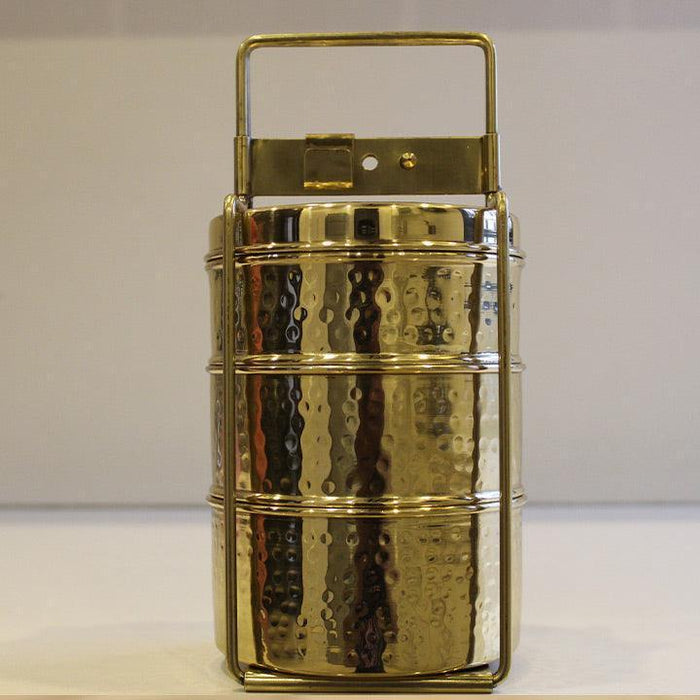 Buy Lunch Box - Golden Pure Brass Tiffin Box With Hammered Design For Office School & Travelling by Indian Bartan on IKIRU online store