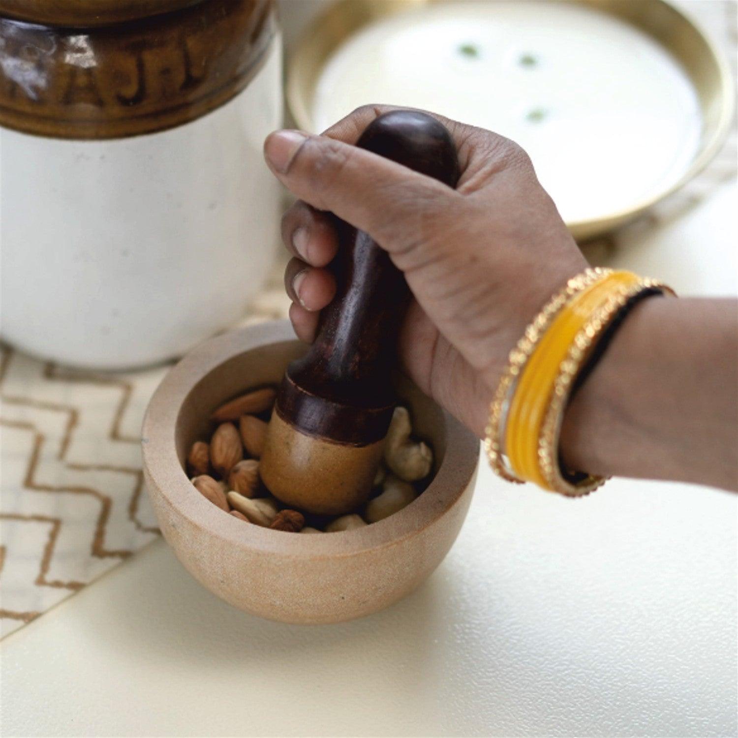 Buy Mortar & Pestle - Barmer Wooden & Stone Mortar & Pestle Set | Okhali Musal For Kitchen & Home by Courtyard on IKIRU online store