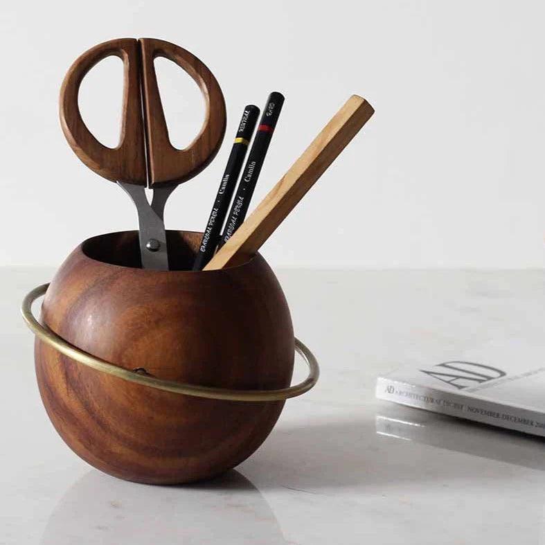 Saturn Wooden Pen Stand for Office Desk Accessories | Designer Pen Holder for Table Decor