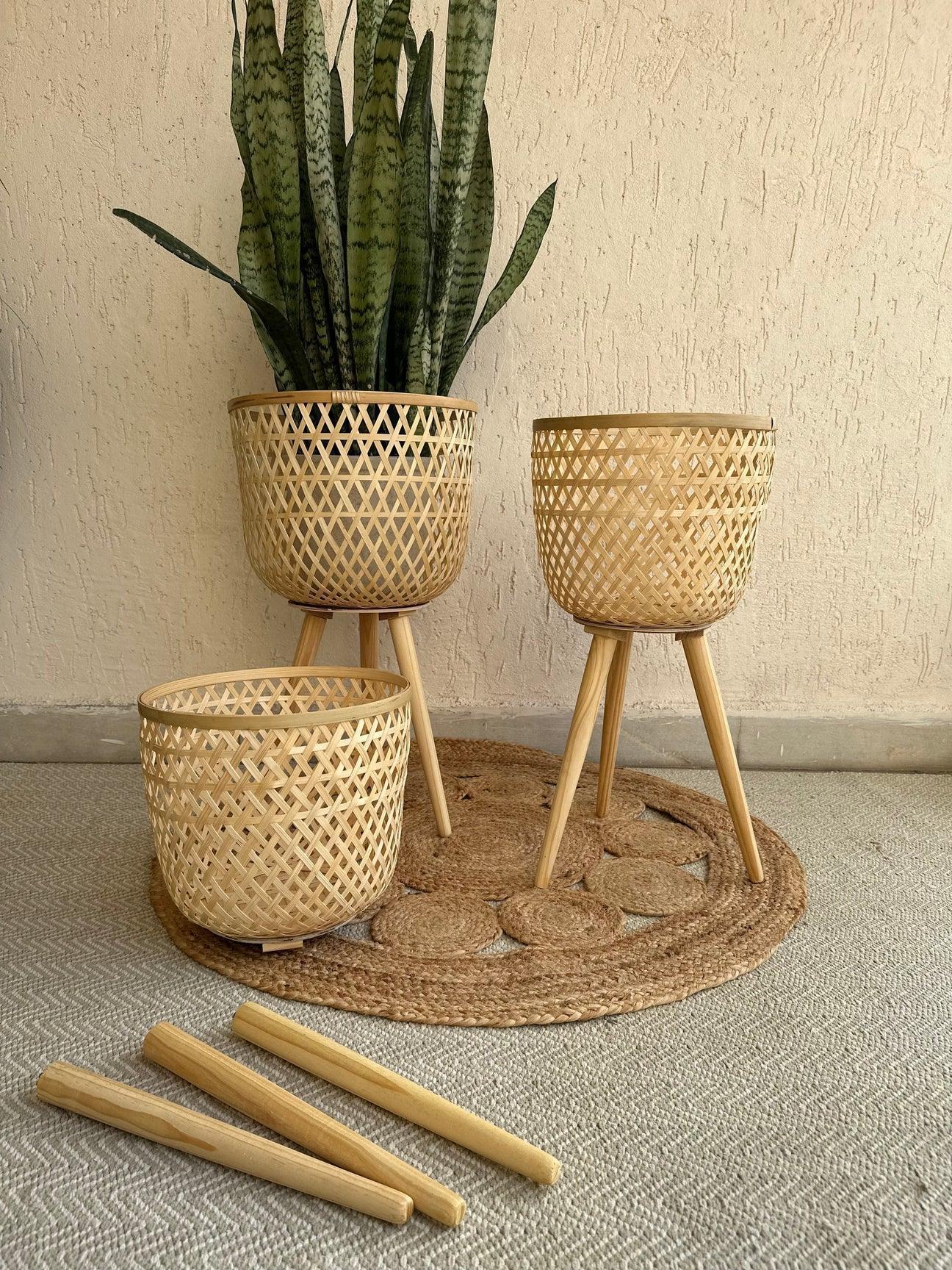 Buy Planter - Bamboo Handwoven Plant Pot With Removable Tripod Legs | Planter Stand For Living Room & Balcony by Tesu on IKIRU online store