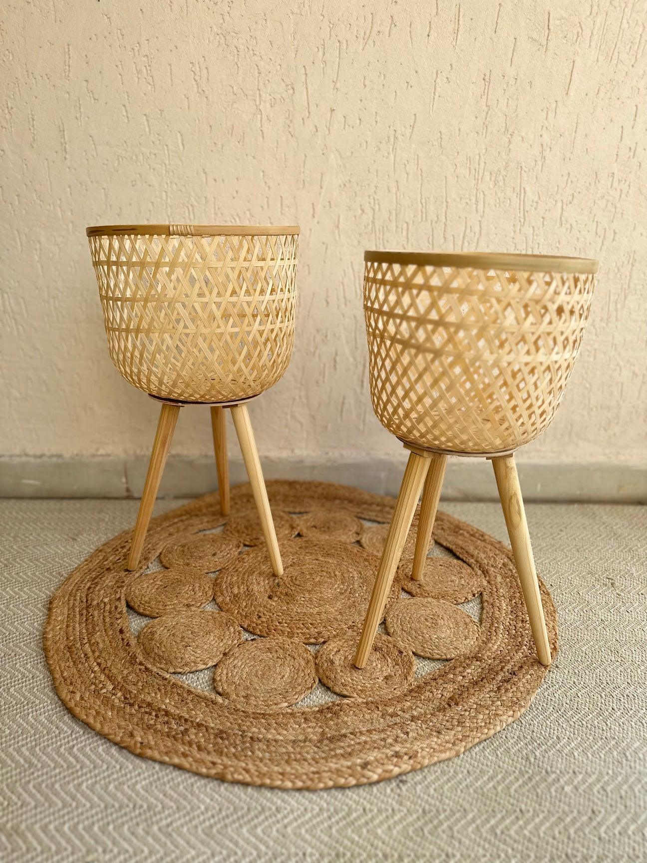 Buy Planter - Bamboo Handwoven Plant Pot With Removable Tripod Legs | Planter Stand For Living Room & Balcony by Tesu on IKIRU online store